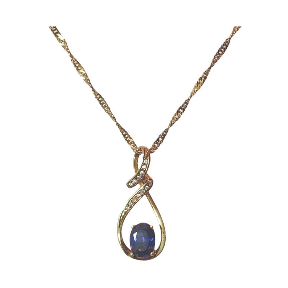 Gold Plated Necklace Knot Pendant Purple Blue Rhinestone 22in Twisted Chain